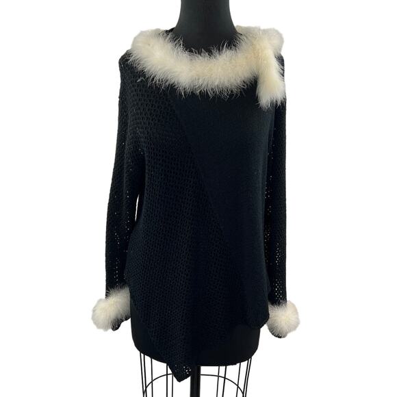 TERA BORA Black Long Sleeve Faux Fur Trim Open Knit Asymmetric Sweater Tunic 2 - Picture 1 of 7
